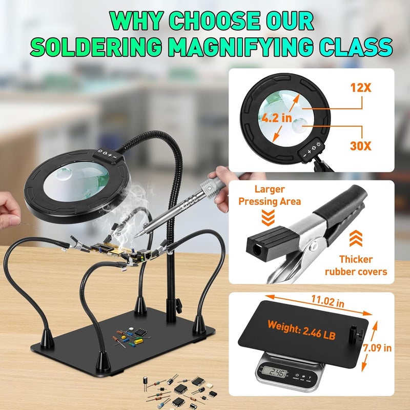 KUVRS 30X/12X Bifocals Magnifying Glass with Light and Stand, 14.2'' Magnetic Soldering Helping Hands, 5 Color Stepless Dimmable, Large Base & Clamp LED Magnifier for Repair Craft Hobby Model Painting - Image 3